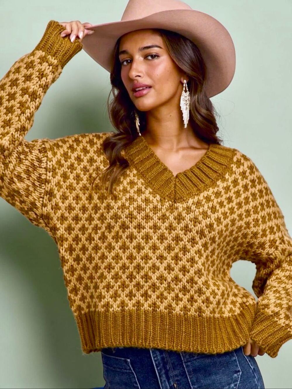 SO ME Boho Geometric Colorblock Textured V Neck Oversized Sweater Carmel Brown